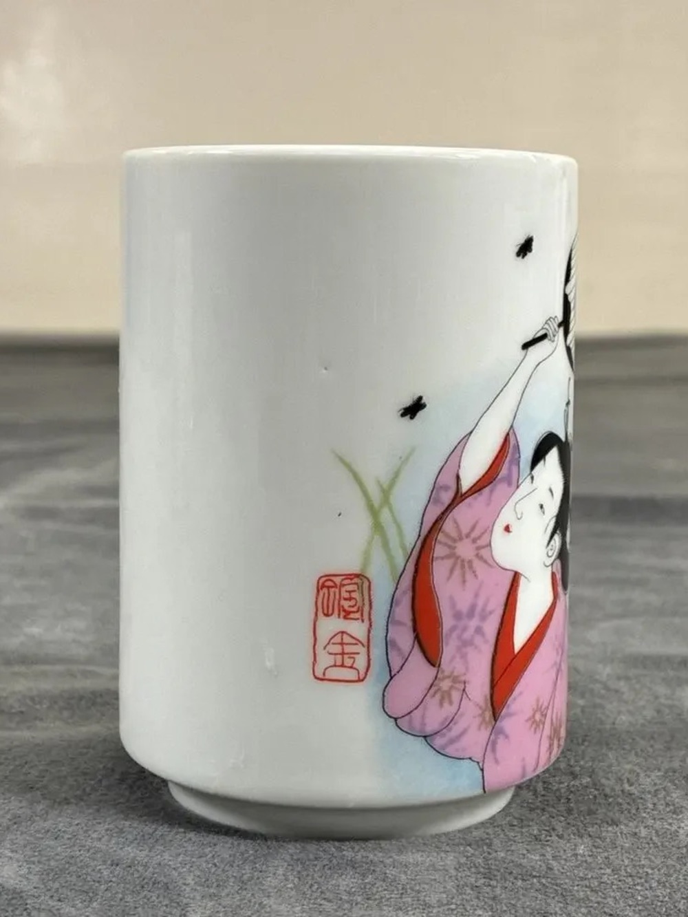 Porcelain Tea Cup with Pink Geisha Illustration
